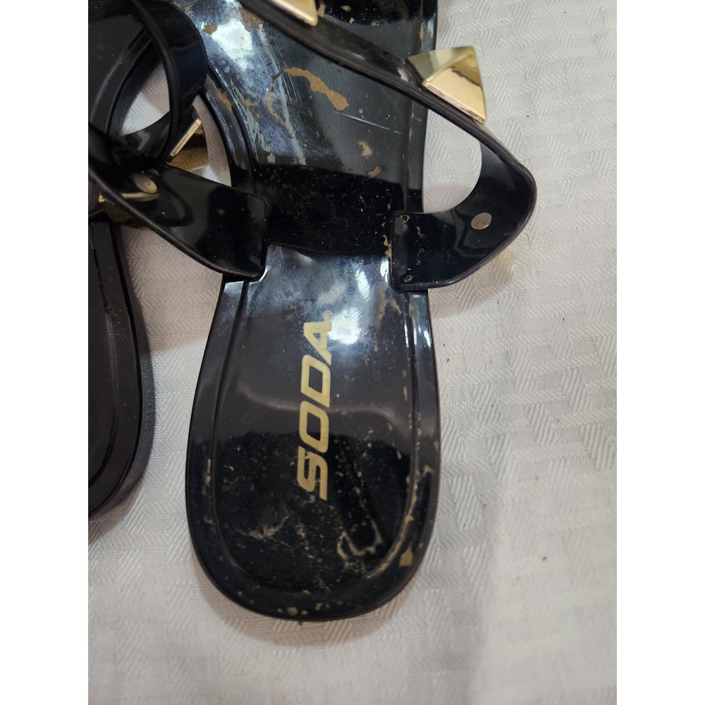 Soda Black Patent Jelly Sandals Gold Pyramid Stud Double Strap Slides Womens 9